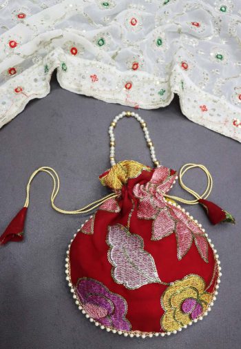 LATEST GEORGETTE SILK EMBROIDERY WITH SEQUENCE WORK AND MOTI LACE BORDER WORK WITH DORI BATWA RED
