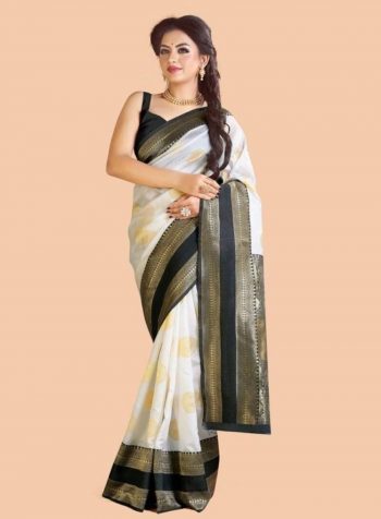 LATEST LICHI SILK JACQUARD WEAVING WORK SAREE WITH UNSTITCHED BLOUSE OFF WHITE