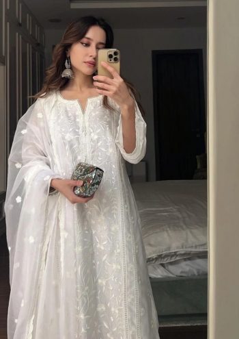 LATEST ORGANZA EMBROIDERY WORK TOP BOTTOM WITH DUPATTA WHITE