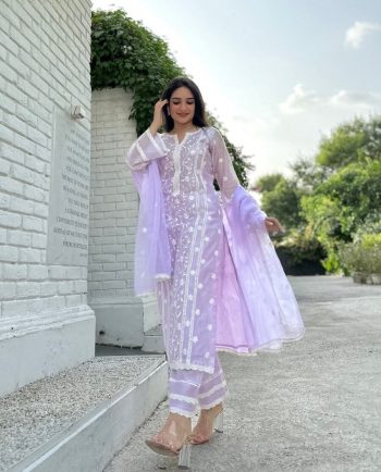 LATEST ORGANZA EMBROIDERY WORK TOP BOTTOM WITH DUPATTA LAVENDER