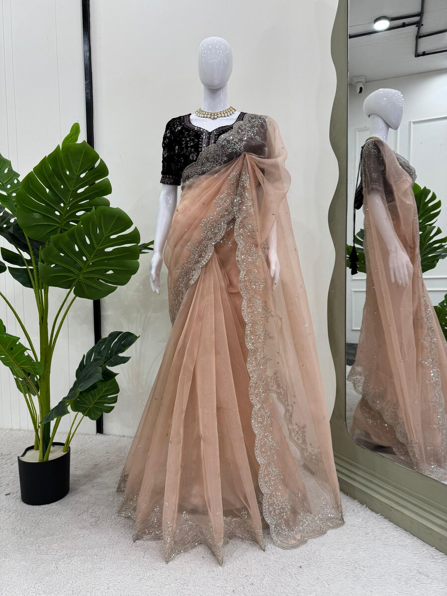 LATEST ORGANZA THREAD WITH SEQUENCE WORK SAREE WITH UNSTITCHED BLOUSE PARTY WEAR WHOLESALE PRICE ETHNIC GARMENT (3)