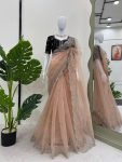 LATEST ORGANZA THREAD WITH SEQUENCE WORK SAREE WITH VELVET UNSTITCHED BLOUSE PEACH