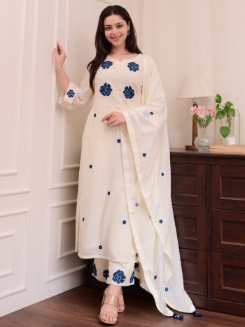 LATEST RAYON EMBROIDERY WORK TOP BOTTOM WITH DUPATTA WHITE