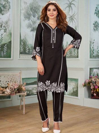 LATEST RAYON EMBROIDERY WORK WITH CUT WORK AND LATKAN WORK TOP BOTTOM SET  BLACK