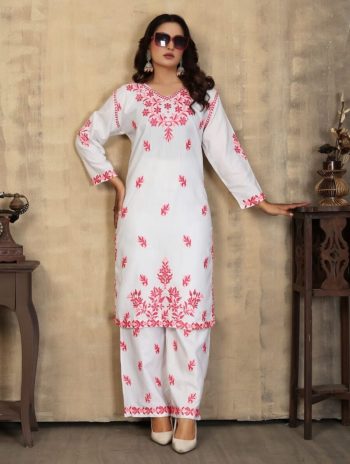 LATEST RAYON SLUB CHIKANKARI EMBROIDERY WORK TOP BOTTOM SET WHITE
