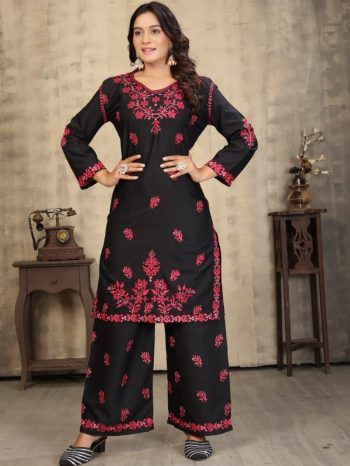 LATEST RAYON SLUB CHIKANKARI EMBROIDERY WORK TOP BOTTOM SET BLACK