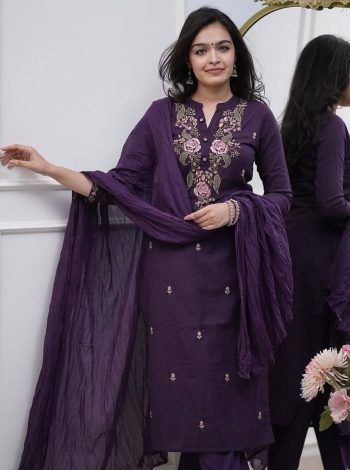 LATEST RAYON SLUB SEQUENCE EMBROIDERY WORK TOP BOTTOM WITH DUPATTA PURPLE