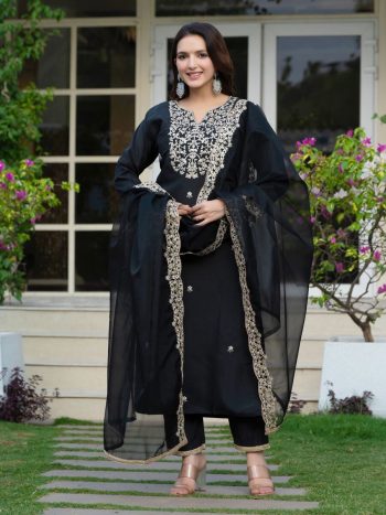 LATEST ROMAN SILK EMBROIDERY WORK TOP BOTTOM WITH DUPATTA BLACK