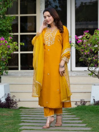 LATEST ROMAN SILK EMBROIDERY WORK TOP BOTTOM WITH DUPATTA YELLOW
