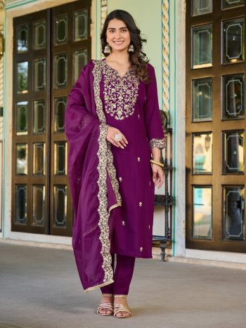 LATEST ROMAN SILK EMBROIDERY WORK TOP BOTTOM WITH DUPATTA WINE