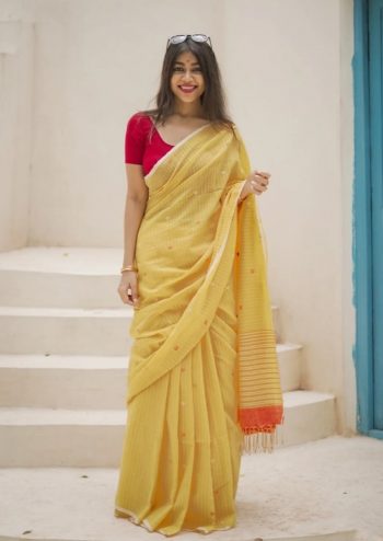 LATEST SOFT COTTON WEAVING WORK SAREE WITH UNSTITCHED BLOUSE YELLOW