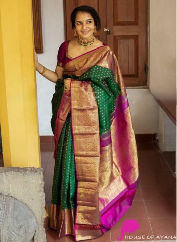 LATEST SOFT LICHI SILK JACQUARD WORK SAREE WITH UNSTITCHED BLOUSE GREEN