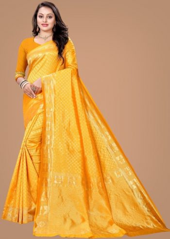 LATEST SOFT LICHI SILK JACQUARD WORK SAREE WITH UNSTITCHED BLOUSE YELLOW