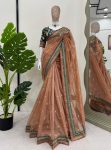 LATEST TWILL NET THREAD SEQUENCE WORK SAREE WITH UNSTITCHED BLOUSE PEACH