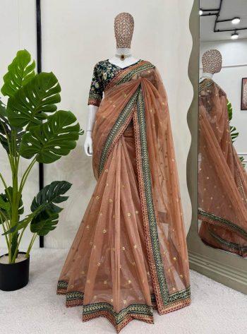 LATEST TWILL NET THREAD SEQUENCE WORK SAREE WITH UNSTITCHED BLOUSE PEACH