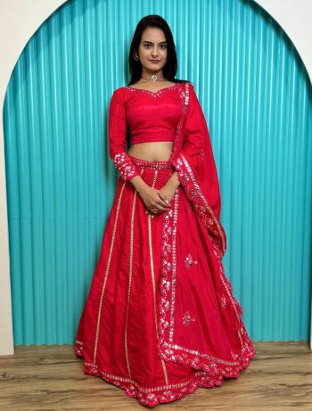 LATEST TWO TONE SLUB FOIL PAPER WORK LEHENGA CHOLI WITH DUPATTA RED