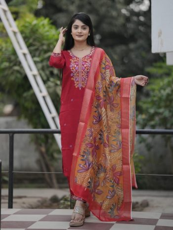 LATEST VICHITRA SILK EMBROIDERY WORK TOP BOTTOM WITH DIGITAL PRINTED DUPATTA RED