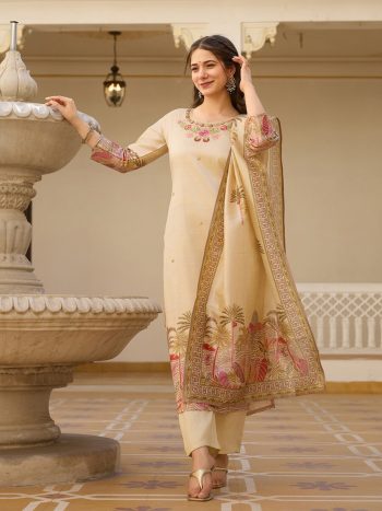 LATEST VISCOSE SILK BEADS EMBROIDERY WORK TOP BOTTOM WITH DUPATTA CREAM