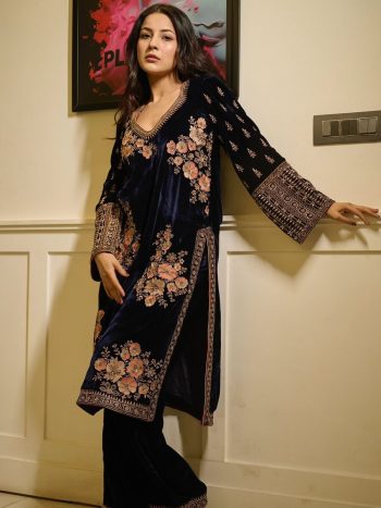 LATEST VISCOSE VELVET SEQUENCE EMBROIDERY WORK TOP BOTTOM WITH DUPATTA BLUE