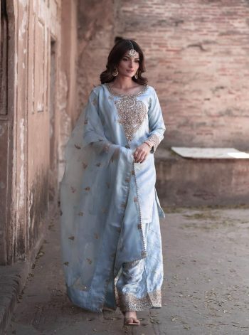 MOST PICKED CHINON SILK EMBROIDERY SEQUENCE WORK TOP PALAZZO WITH DUPATTA SKY