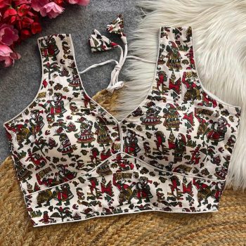 MOST PICKED COTTON AJRAKH HANDBLOCK READY TO WEAR STITCHED BLOUSE WHITE