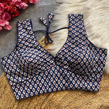MOST PICKED COTTON AJRAKH HANDBLOCK READY TO WEAR STITCHED BLOUSE NAVY BLUE