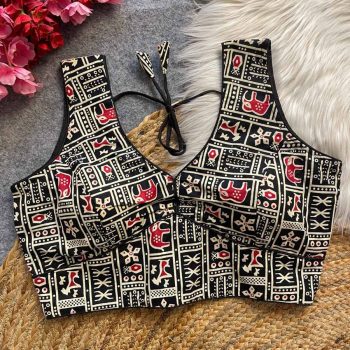 MOST PICKED COTTON AJRAKH HANDBLOCK READY TO WEAR STITCHED BLOUSE BLACK