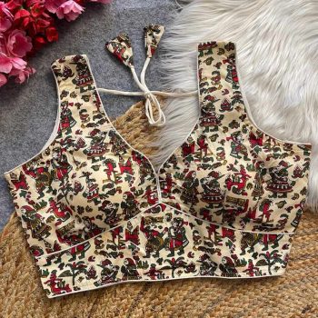 MOST PICKED COTTON AJRAKH HANDBLOCK READY TO WEAR STITCHED BLOUSE OFF WHITE