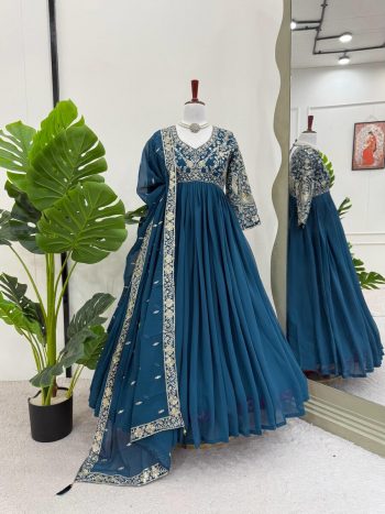 MOST PICKED GEORGETTE THREAD  WITH SEQUENCE WORK GOWN WITH DUPATTA  TEAL