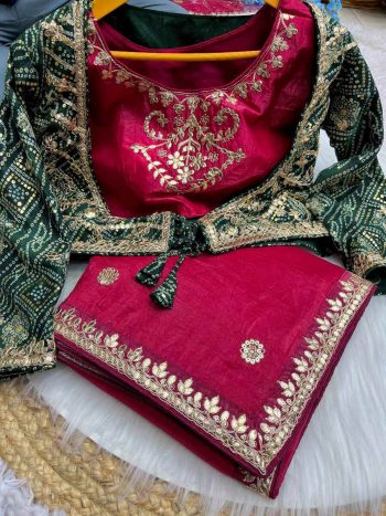 MOST PICKED GOLD CRUSH EMBROIDERY LACE WORK SAREE WITH KOTI STYLE STITCHED BLOUSE RANI
