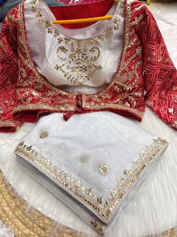 MOST PICKED GOLD CRUSH EMBROIDERY LACE WORK SAREE WITH KOTI STYLE STITCHED BLOUSE WHITE