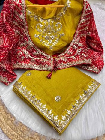 MOST PICKED GOLD CRUSH EMBROIDERY LACE WORK SAREE WITH KOTI STYLE STITCHED BLOUSE MUSTARD