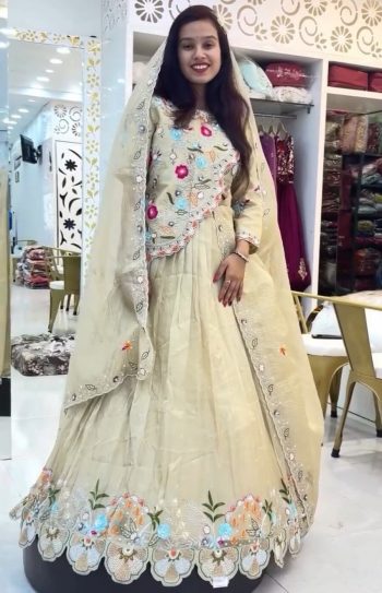MOST PICKED GOLD CRUSH EMBROIDERY THREAD SEQUENCE WORK LEHENGA CHOLI JACKET WITH DUPATTA OFF WHITE