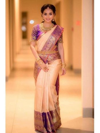 MOST PICKED LICHI SILK JACQUARD WEAVING WORK SAREE WITH UNSTITCHED BLOUSE CREAM