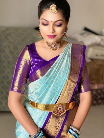 MOST PICKED LICHI SILK JACQUARD WEAVING WORK SAREE WITH UNSTITCHED BLOUSE SKY