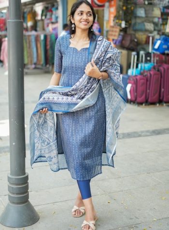 MOST PICKED LINEN COTTON PRINTED TOP WITH DUPATTA SKY