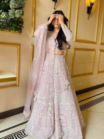 MOST PICKED NET RESHAM THREAD SEQUENCE WORK LEHENGA CHOLI WITH DUPATTA BABY PINK
