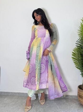 MOST PICKED ORGANZA BANDHEJ PRINTED ANARKALI GOWN BOTTOM WITH DUPATTA LAVENDER