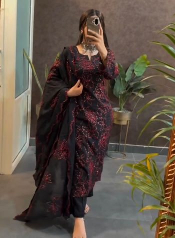 MOST PICKED ROMAN SILK EMBROIDERY THREAD SEQUENCE WORK TOP BOTTOM WITH DUPATTA BLACK