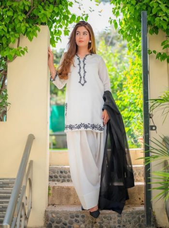 MOST PICKED ROMAN SILK EMBROIDERY WORK TOP SALWAR WITH DUPATTA WHITE