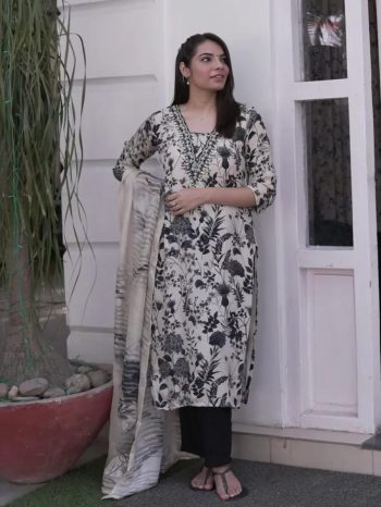 MOST PICKED SOFT ORGANZA PRINTED  THREAD HANDWORK TOP BOTTOM WITH DUPATTA OFF WHITE