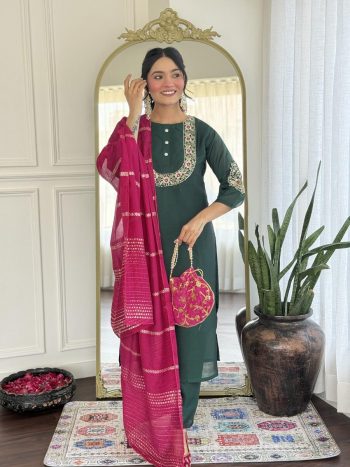 MOST PICKED VICHITRA SILK SEQUENCE CODING EMBROIDERY WORK TOP BOTTOM WITH DUPATTA  GREEN