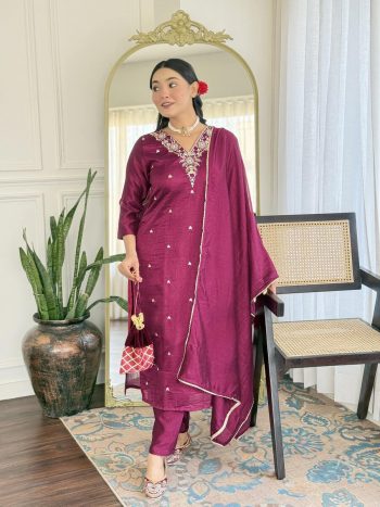 MOST PICKED VICHITRA SILK SEQUENCE CODING EMBROIDERY WORK TOP BOTTOM WITH DUPATTA MAROON