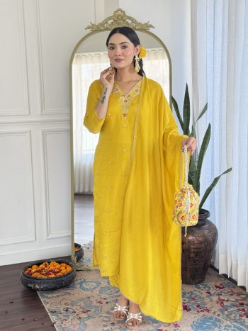 MOST PICKED VICHITRA SILK SEQUENCE CODING EMBROIDERY WORK TOP BOTTOM WITH DUPATTA YELLOW