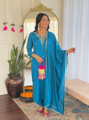 MOST PICKED VICHITRA SILK SEQUENCE CODING EMBROIDERY WORK TOP BOTTOM WITH DUPATTA BLUE