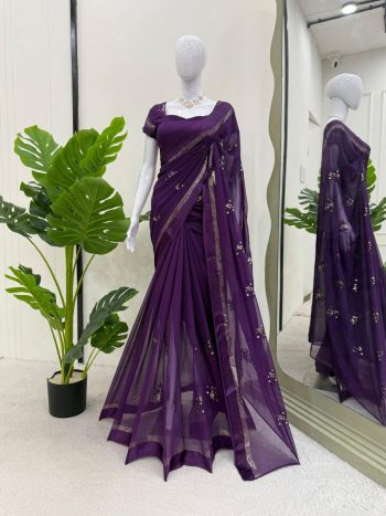 MOST PICKED VISCOSE PATTA THREAD SEQUENCE WORK SAREE WITH UNSTITCHED BLOUSE PURPLE