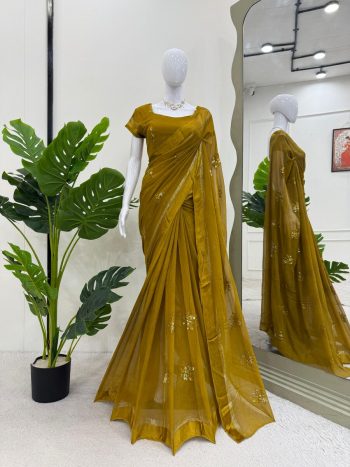 MOST PICKED VISCOSE PATTA THREAD SEQUENCE WORK SAREE WITH UNSTITCHED BLOUSE YELLOW