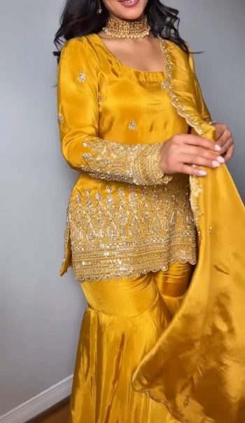 MOST PICKED NATURAL CREPE EMBROIDERY SEQUENCE WORK TOP SHARARA WITH DUPATTA YELLOW