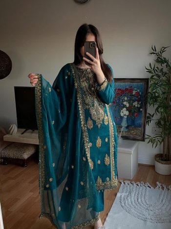 NEW ARRIVAL CHINON EMBROIDERY CODING SEQUENCE WORK TOP BOTTOM WITH DUPATTA RAMA
