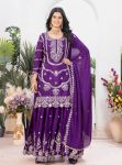 NEW ARRIVAL CHINON EMBROIDERY CODING SEQUENCE WORK TOP PALAZZO WITH DUPATTA PURPLE